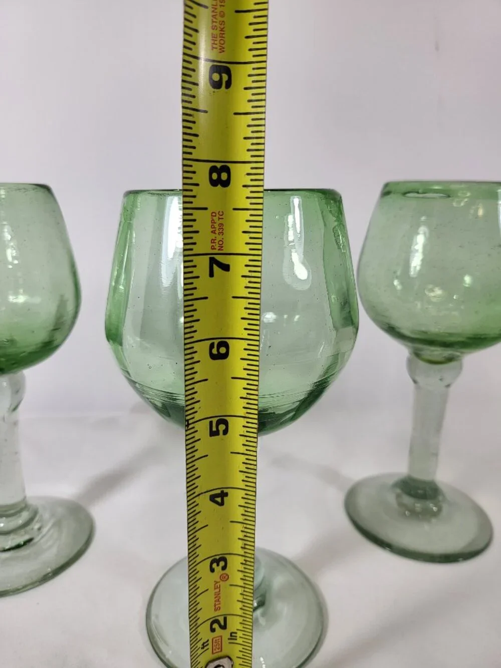 Vintage Hand‎ Blown Green Glass Goblets, Set of 3 Bubble Glass Wine Glasses
